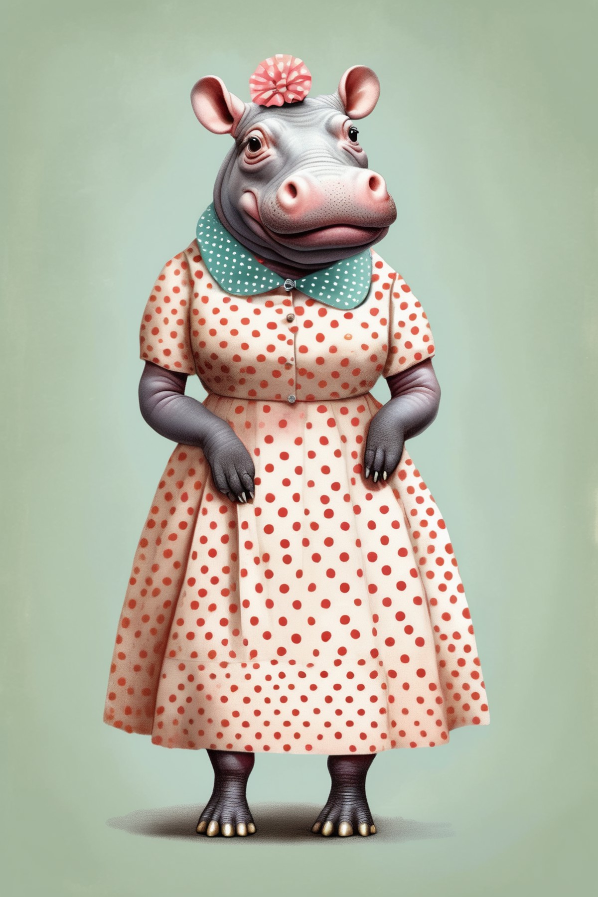 <lora:Dressed animals:1>Dressed animals - a hippo wearing a 1950s-style polkadot dress